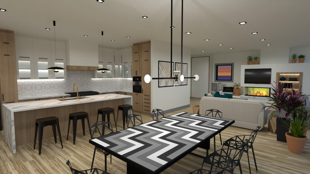 luxury kitchen and dining room view of the kitchen, fireplace and dining room