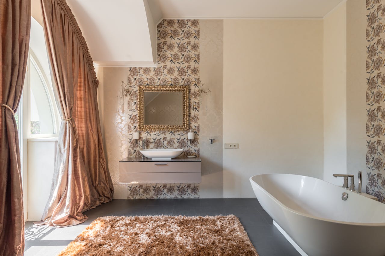 Bathroom with wallpaper