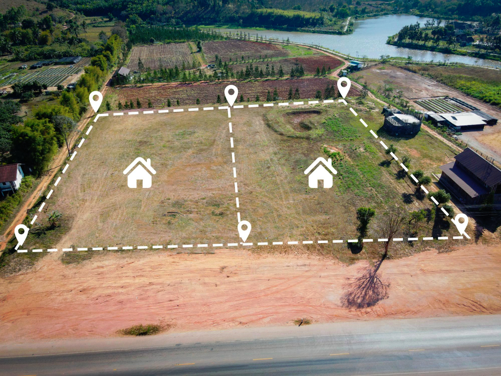 Aerial view land filled with pins 