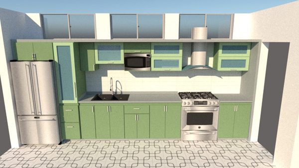 Green linear kitchen design render