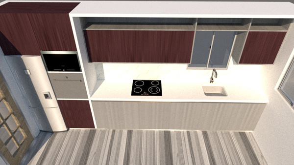 View from above of a kitchen linear design render