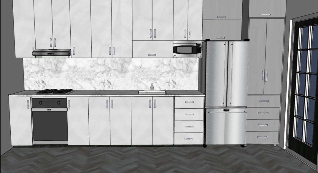 Kitchen linear design render with white tones