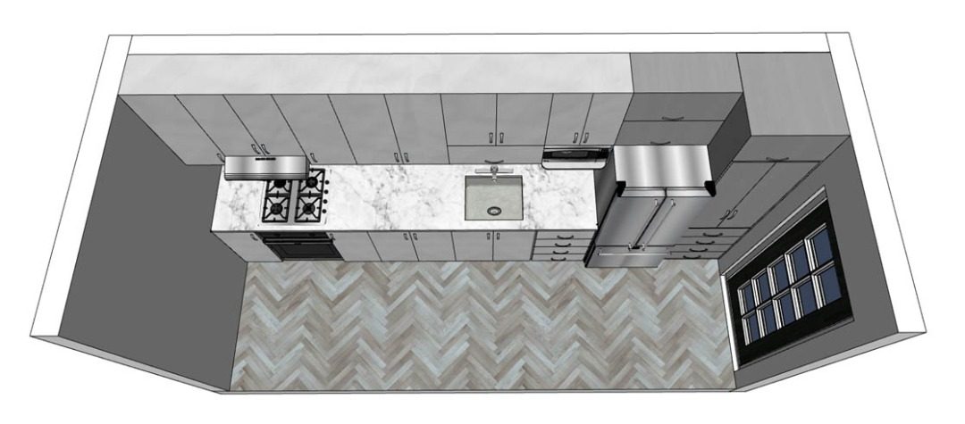 View from above of kitchen white worktop and sink