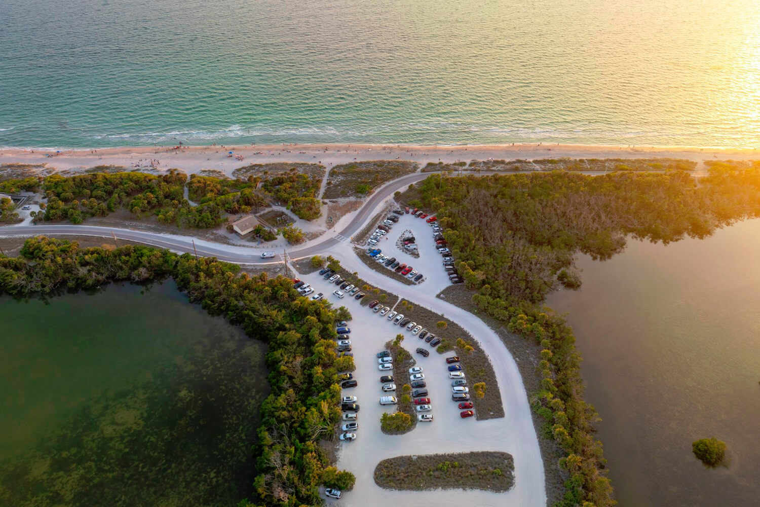 Parking lot at florida blind pass beach on manasota key usa vehicle parking area with cars parked on ocean beach parking lot summer vacation on beachfront