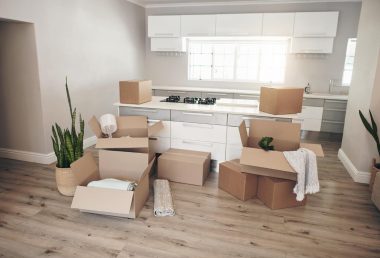 kitchen with moving boxes