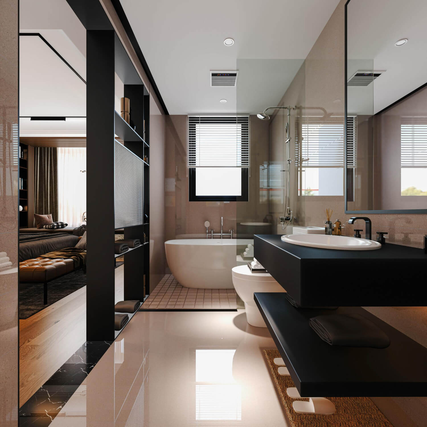 brown master bathroom