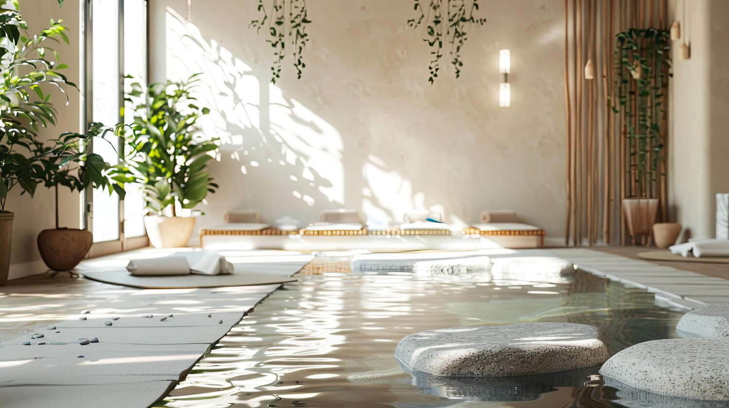 wellness room ideas, pool and plants