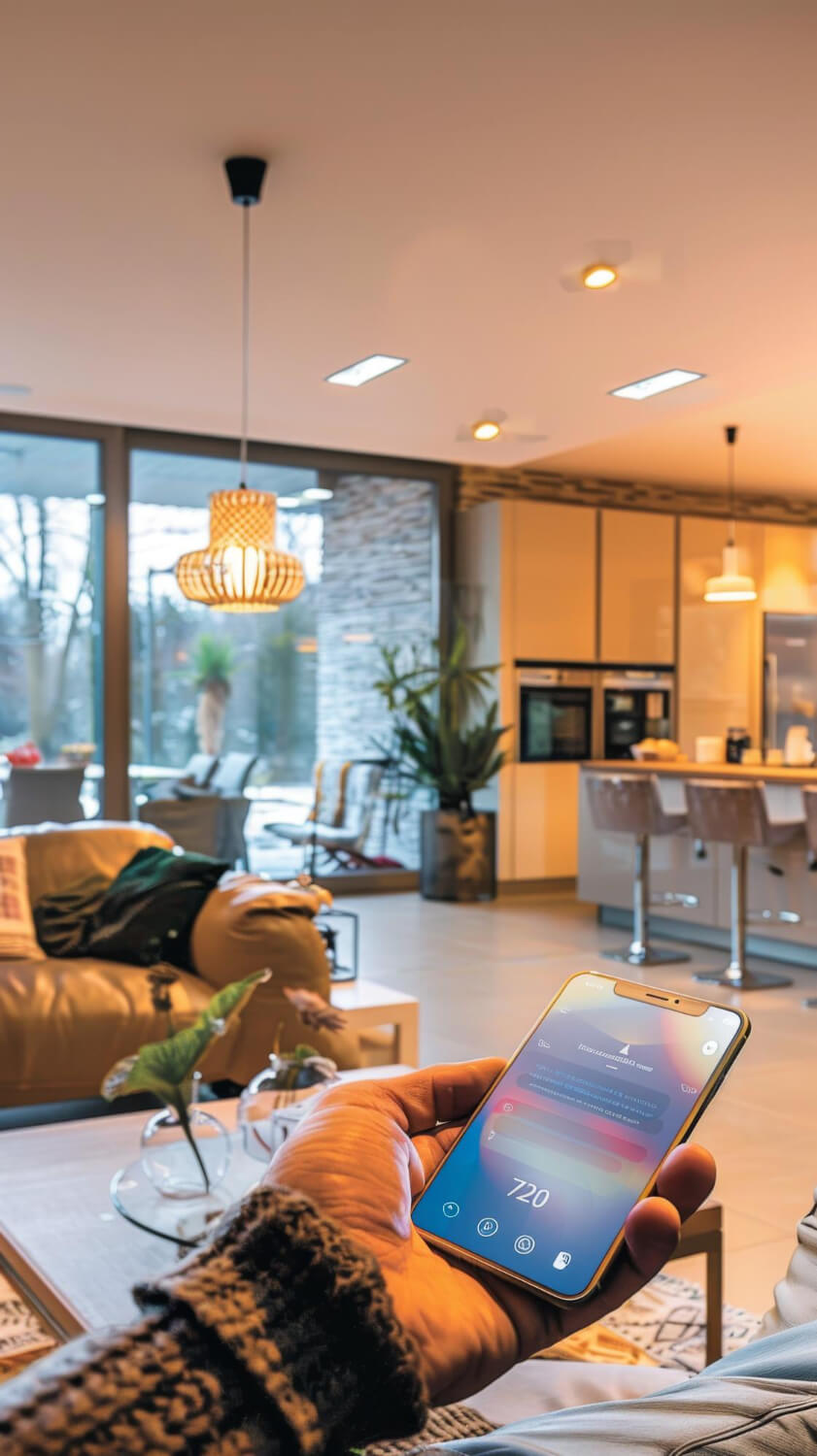 smart home: person holding phone in luxury living room