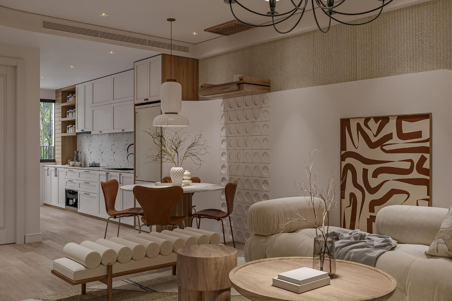 living space: living room with view of kitchen