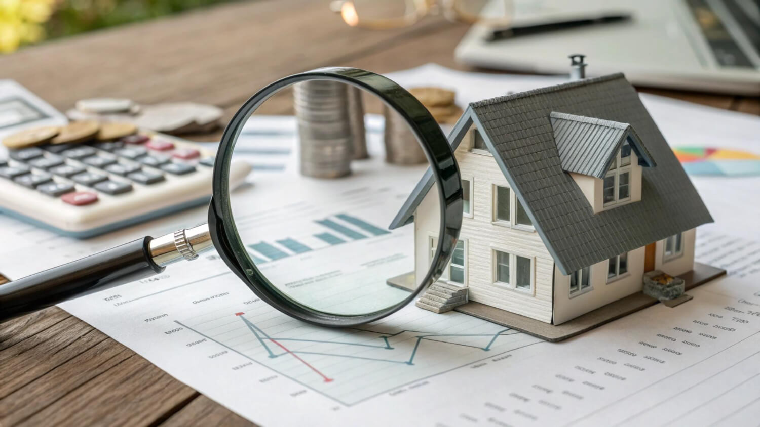 home valuation: tiny house and magnifying glass